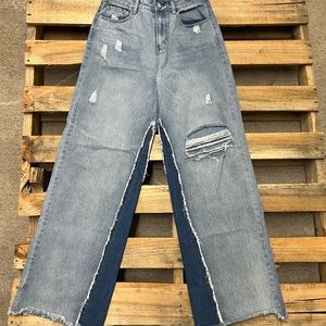 Distressed two tone jeans